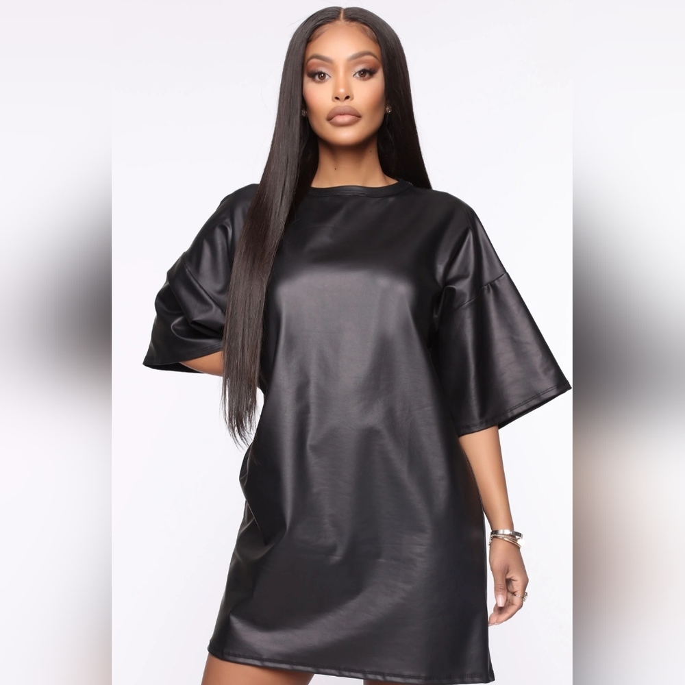 Fashion Nova Casual Baddie PU Leather Tee Dress - Black, Size XL